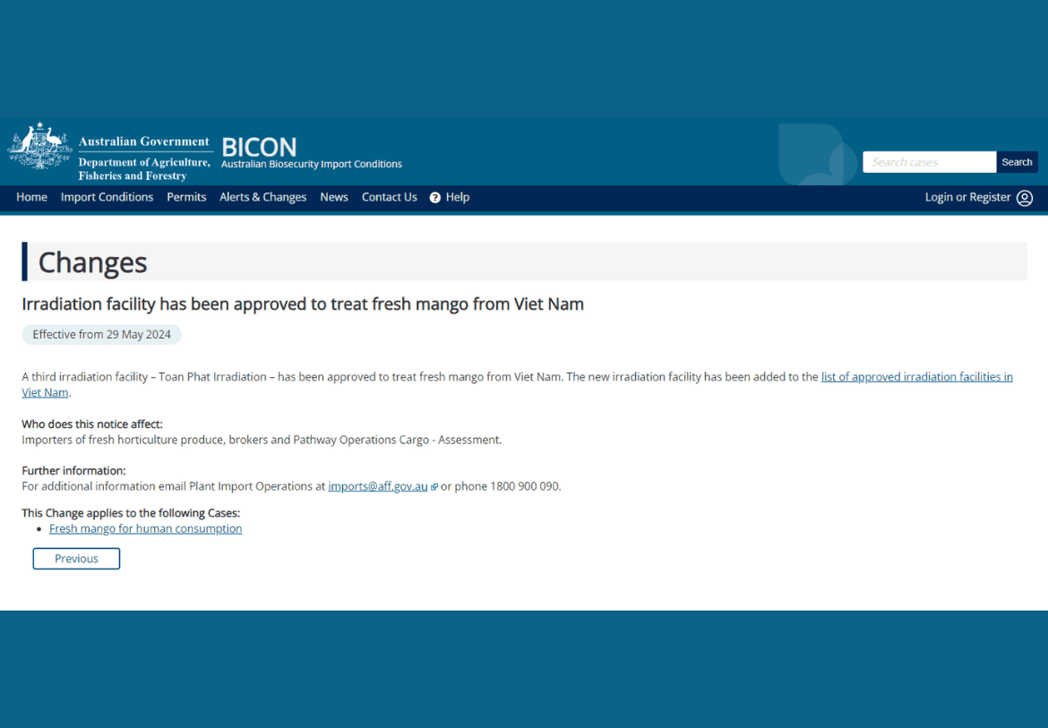 Toan Phat Irradiation Factory officially becomes a partner of the Australian Ministry of Agriculture, Fisheries and Forestry to irradiate fresh mango and longan for export